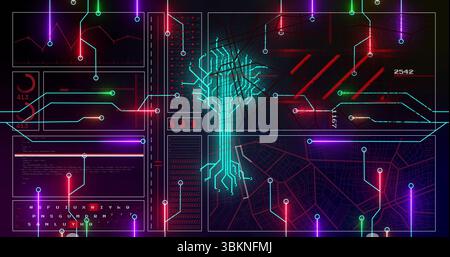 Displaying glowing turquoise network diagram in dashboard with neon circuit paths and numeric codes Stock Photo