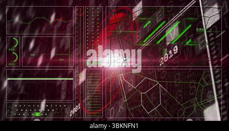 Displaying HUD overlay at console, showing line graph, gauges and keyboard grid with wireframe map Stock Photo