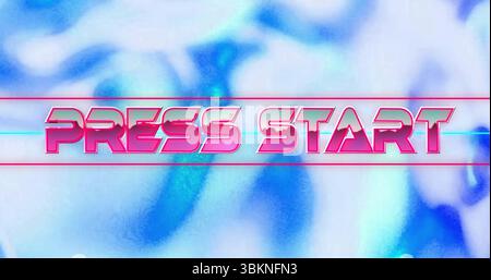 Displaying neon-pink PRESS START text being framed by horizontal accent lines, on glitchy backdrop Stock Photo