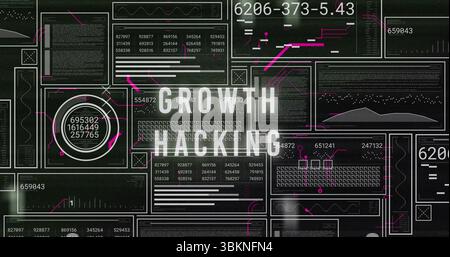 Displaying bold GROWTH HACKING text over dark dashboard, with panels, gauge and magenta lines Stock Photo