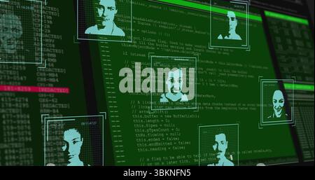 Displaying central facial portrait floating on security terminal, showing code panes and timestamps Stock Photo