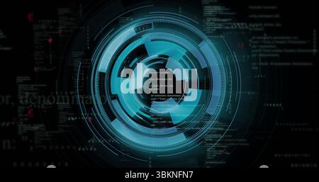 Rotating blue circular HUD interface in virtual space, with orbiting indicators and code fragments Stock Photo