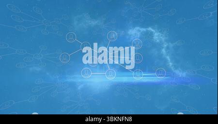 Displaying central node connecting to circular icons across cloud network, with particle effects Stock Photo