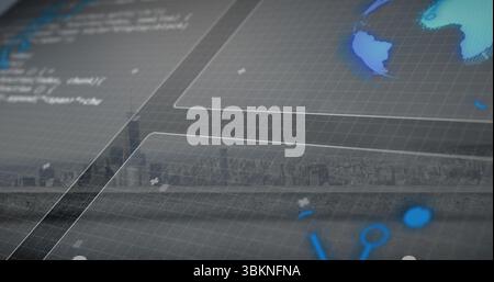 Floating digital interface over city skyline, showing grid, code snippets, blue world map and icons Stock Photo