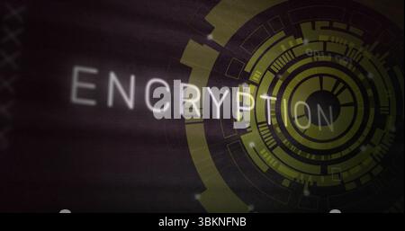 Displaying blurred encryption text glowing over dark grid, with green-yellow circular interface Stock Photo