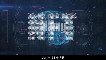 Visualizing stylized AI glyphs forming text over brain hologram in virtual lab, with UI panels Stock Photo