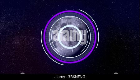 Displaying futuristic interface scanning starfield, with central moon graphic and purple HUD rings Stock Photo