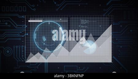 Displaying translucent panel on digital dashboard, with line graph, gauge, pie chart and code text Stock Photo