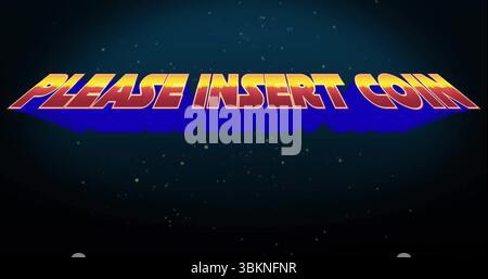 Displaying 3D PLEASE INSERT COIN text on arcade display showing yellow-to-orange gradient Stock Photo