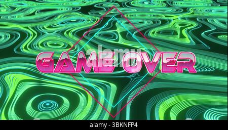 Displaying 3D GAME OVER text floating in neon green teal grid, with magenta cyan diamond outlines Stock Photo