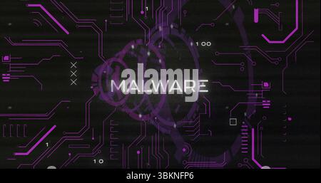 Displaying white MALWARE text flashing on cyber screen, with purple circuitry, rings, binary digits Stock Photo
