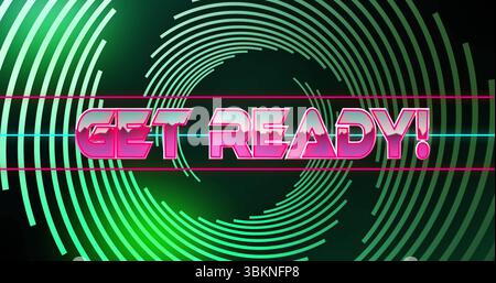 Displaying neon pink GET READY! text glowing in rings in digital graphic with horizontal neon lines Stock Photo