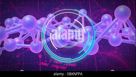 Displaying digital molecule chain with translucent spheres on dark grid, with floating code and HUD Stock Photo