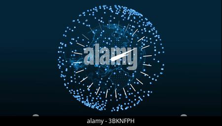 Digital globe rotating in dark backdrop, showing glowing nodes, connecting lines and data points Stock Photo