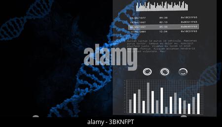 Displaying blue DNA helix winding on dark dashboard, with panel showing data list and UI icons Stock Photo