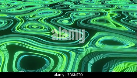 Animating neon green teal line pattern forming topographic layers on digital plane, glowing shapes Stock Photo