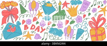 Happy birthday party crayon drawn set. Celebration Bday colorful doodle isolated on white background. Gift, confetti and cakes with balloons for festi Stock Vector