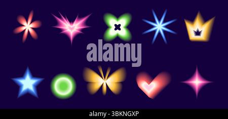 Blur neon gradient geometric shapes set. Y2k retro heart, butterfly and circle with flower. Colorful bright gradation star, crown on dark background. Stock Vector