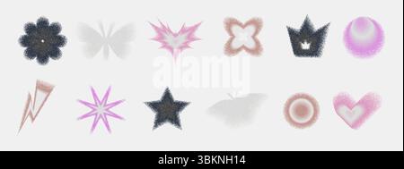 Gradient dots geometric shape set. Y2k retro heart, star and circle with flower forms. Butterfly, flower and crown icons on white background. Trendy e Stock Vector