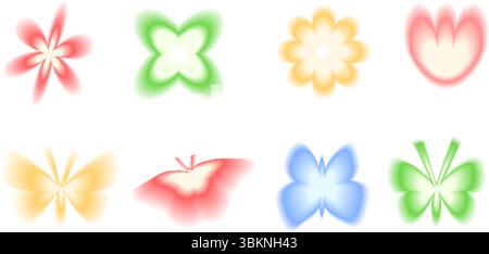 Blur gradient nature shape set. Y2k retro butterflies with flower forms. Colorful butterfly and floral icons on white background. Trendy effect with b Stock Vector