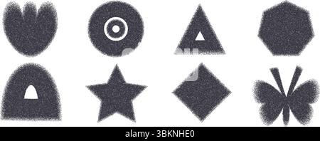 Grain monochrome noise gradient geometric shape set. Y2k arch, triangle and circle with flower forms. Black butterfly, star icons with grainy texture Stock Vector