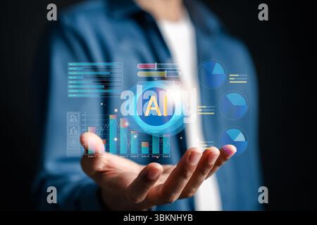 AI system analyzing data through cloud dashboards and charts. Showcasing predictive analytics, statistics, and smart processing technology for digital Stock Photo