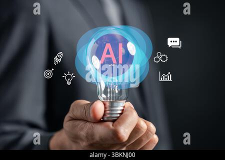 AI for creative thinking, innovation, and startup development. Artificial intelligence as the driving force for ideas, goal achievement, business grow Stock Photo