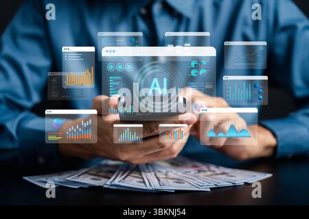 AI trading system analyzing stock market charts and financial data. Investor using artificial intelligence for real-time investment strategy, profit g Stock Photo