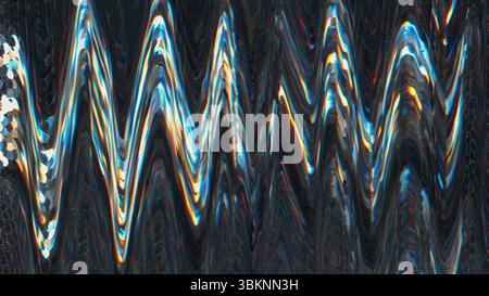 Damaged display. Digital distortion. Screen glitch wave artifact noise texture visual interference on abstract dark black background. Stock Photo