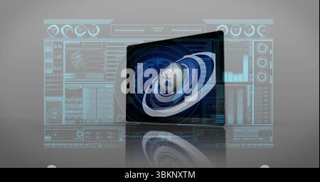 Holographic tablet presenting 3D Earth and orbital rings in high-tech dashboard, with UI panels Stock Photo