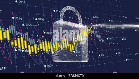 Floating wireframe padlock over grid showing candlestick bars, line graph, triangles, timestamps Stock Photo