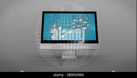 Displaying monitor showing businessman walking across cloud icons in gray backdrop, wireframe globe Stock Photo