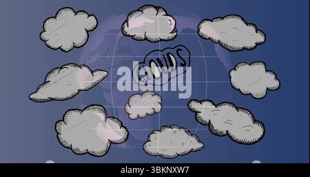 Displaying hand-drawn clouds orbiting central CLOUDS label in digital illustration with globe motif Stock Photo