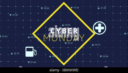 Showing yellow rhombus highlighting CYBER MONDAY on navy banner with pump cross arrow time icons Stock Photo