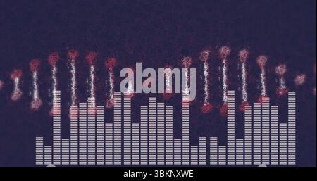 Displaying equalizer bars rising on dark purple backdrop, with red and white glowing clusters Stock Photo