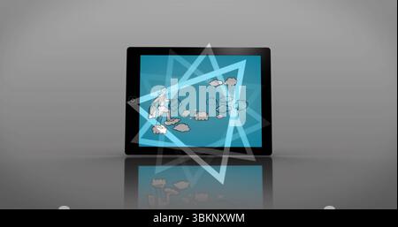 Displaying tablet showing businessman stepping on floating clouds in studio with star overlays Stock Photo