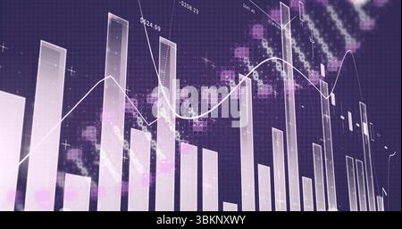Displaying data chart weaving white line over bars on purple grid, with magenta pixels and labels Stock Photo