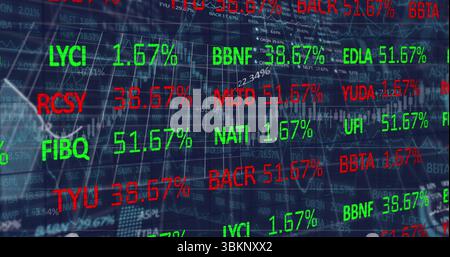 Displaying digital terminal showing stock tickers flashing green-red percentages with line graphs Stock Photo