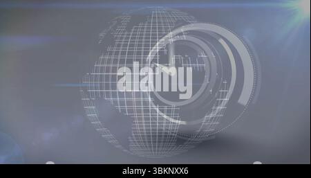 Floating translucent wireframe globe overlaid by clock face in digital backdrop with lens flares Stock Photo