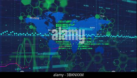 Displaying stylized world map tracking data nodes on screen, with neon code blocks and hex shapes Stock Photo