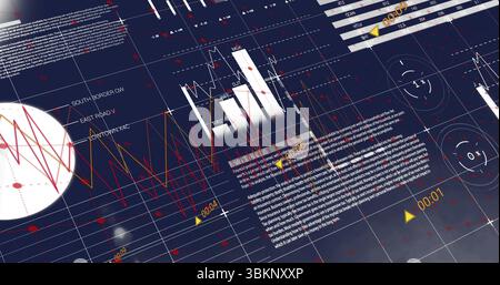 Displaying digital data interface on navy dashboard, showcasing line graph bars and radar charts Stock Photo