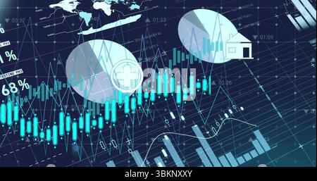 Displaying candlestick chart, line and histogram graphs, medical and house pie charts in dashboard Stock Photo