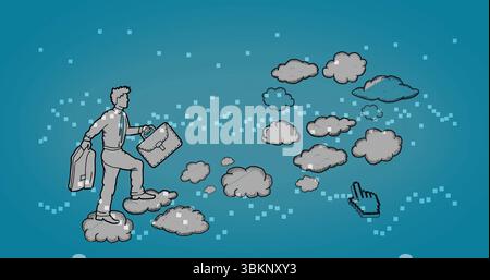 Businessman stepping on clouds in digital environment, with briefcase, pixels, cursor, copy space Stock Photo
