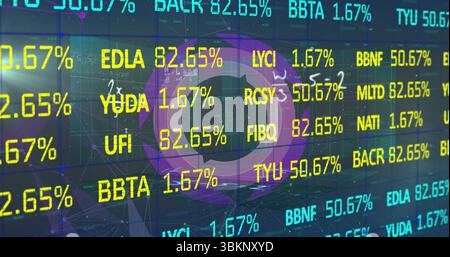 Displaying trading dashboard featuring token icon at center, with ticker codes and percentages Stock Photo