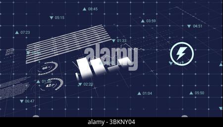 Displaying 3D analytics panel floating over dark blue grid, with bar chart gauges lightning icon Stock Photo