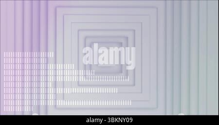 Displaying nested extruded square frames receding toward center in gradient space, with white bars Stock Photo