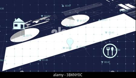 Displaying white bar on digital dashboard, overlaying ovals, numeric labels, world map and icons Stock Photo