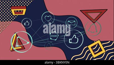 Showing social media icons in art background with heart, thumbs up, bell, play and geometric shapes Stock Photo