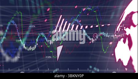 Displaying financial dashboard showing neon trends, candlestick and pink graphs, globe silhouette Stock Photo