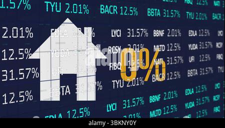 Displaying white house icon overlaying blue digital graphic, with gold “0%” label and stock tickers Stock Photo
